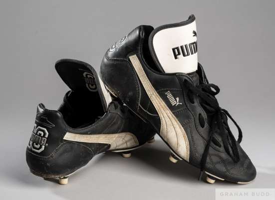 Diego Maradona black and white Puma match worn football boots, 1996-97
 the tongues inscribed 10 Puma Diego Maradona, the heals inscribed 10 Puma with