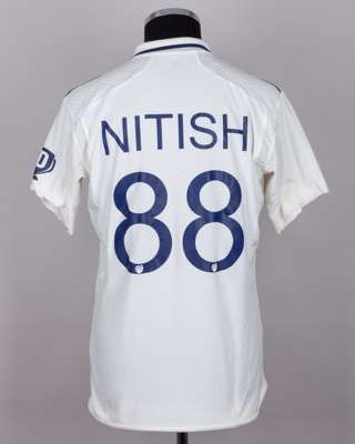 Nitish Kumar white and navy No.88 India v. England match worn, autographed Red For Ruth shirt