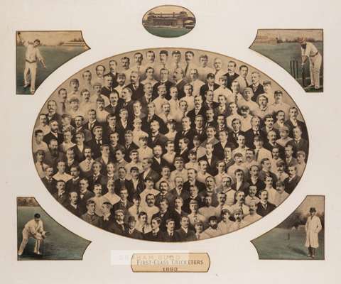The First Class Cricketers portrait montage of all the leading cricketers of 1893,
 hand coloured corner vignettes and central top view of Lord's pavi