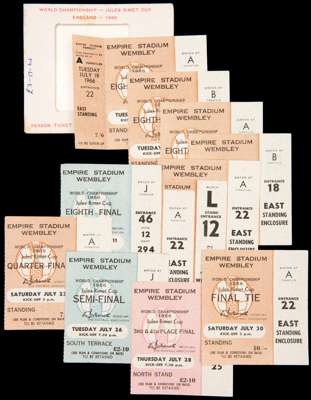 Twelve 1966 World Cup ticket stubs for matches played at Wembley, Final, s/f, 3rd/4th. 1/4f & 8 x 1/8f including a pair of unused 19th July and a pair