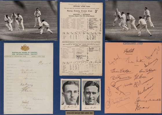 Framed memorabilia display for the England v Australia 5th Ashes Test, at Kennington Oval, 15th August 1953,
 comprising two 5.5 by 8in. b & w action 