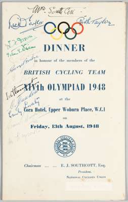 London 1948 Olympic Games signed British Cycling Team dinner menu,
 held at Cora Hotel, 13th August 1948, four-page card menu, with menu and toast det
