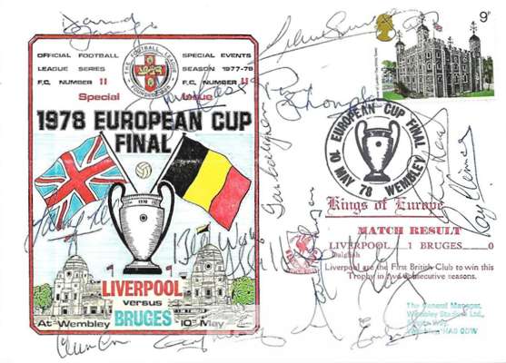Liverpool signed by 14 Official Dawn Football Series No 11 First Day Cover celebrating Liverpool's 1978 European Cup Final victory over Real Madrid 1-