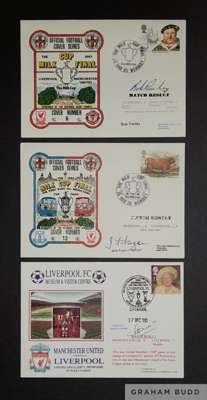 Liverpool signed First Day Covers, three in total signed by ex mangers of the Anfield legends, Bob Paisley, Joe Fagan & Gerard Houlier, 
 all are very