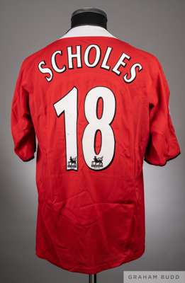 Paul Scholes red Manchester United no.18 home shirt from the 2004-05 season FA Cup 3rd round game v Exeter City at Old Trafford that took place on 8/1