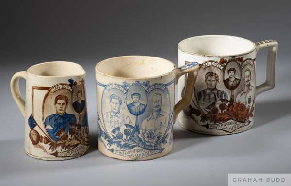 A trio of rare Scottish Victorian pottery each commemorating the Scotland and England football heroes Dan Doyle and W J Bassett, 1890s,
 by Clyde Pott