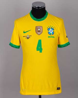 Marquinhos yellow No.4 Brazil v. Argentina Copa America Final short-sleeved shirt, 2021