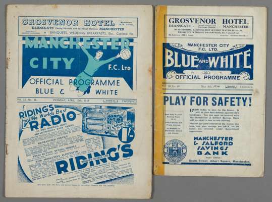 Two Manchester City 1930s home programmes, 

F.L. Division One v Wolverhampton Wanderers 5th May 1934, sellotape spine and area of paper loss on inter