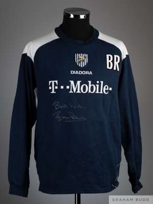 Bryan Robson signed blue and white official West Bromwich Albion training top, 
 Diadora, L, with embroidered cloth badge and with BR decal, the front