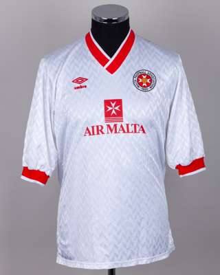 John Byrne - white and red No.9 Malta v. Republic of Ireland short-sleeved shirt, 1990