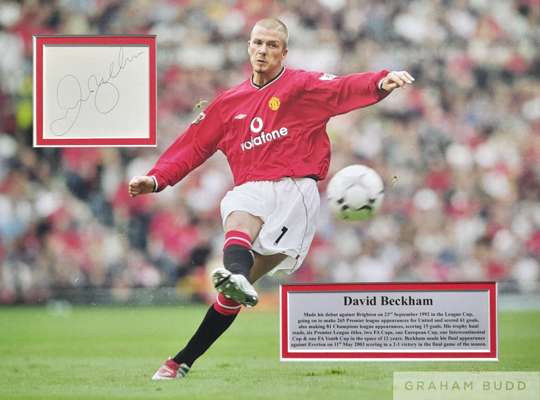 David Beckham ex Manchester United legend signed card mounted within a photograph, 
 that's been mounted and measures 20 x 16in. which is a standard f