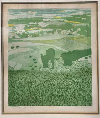 John Brunsdon ARCA (1933-2014) 'View from Home Brow'
 Etching aquatint limited edition print
 Measures 67 by 61cm. 
 Framed

 In fair condition with s
