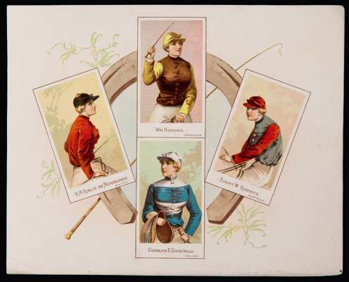 A rare and unusual set of 11 cards featuring famous colours of leading international racehorse owners in the late 19th century, each card featuring ar