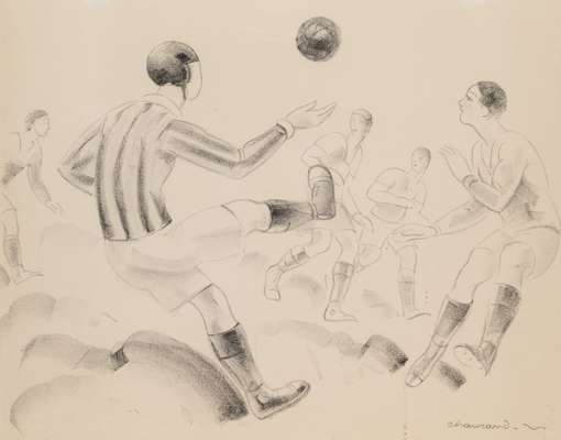 Jean Raoul Chaurand-Naurac (French, 1878-1932) "Football", circa 1930,
 lithograph depicting a football match, signed lower right margin, mounted, gla