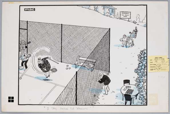 An original hand-drawn, tennis cartoon (Billie Jean King) by MAC for the Daily Mail dated 2/7/82 entitled “I say, anyone for Draughts?”, 
 in 1982 at 