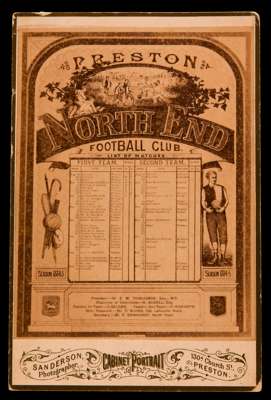 Preston North End Football Club fixture list for season 1884-85, in the form of a cabinet card published by Sanderson Gallery of Art and Photographers