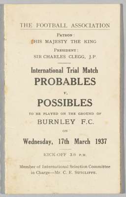 Itinerary for the Trial match Probables v Possibles, dated 17th March 1937, 
 with both teams listed