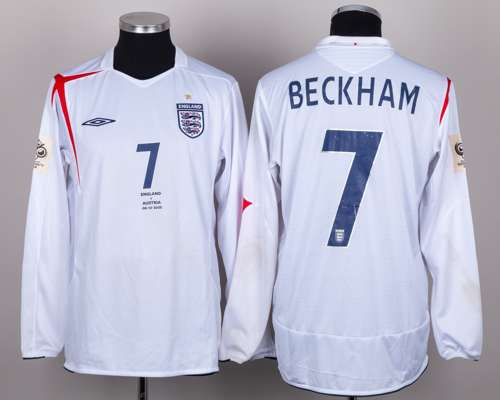 David Beckham two white No.7 England v Austria match worn long-sleeved shirts, 2005