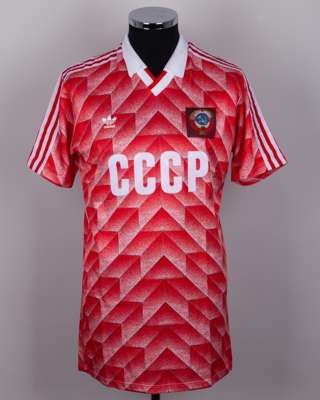Viktor Pasulko red and white No.20 USSR v. England match worn shirt, 1988