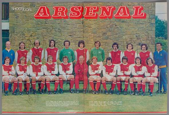 Arsenal 1974-75 large autographed colour centre double page from Goal/Shoot magazine of pre-season,
 squad fully signed by all 19 players and Bertie M