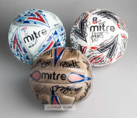 Three Portsmouth squad signed Mitre matchday footballs,
 comprising bluish white, blue, red and black MITRE DELTA SKYBET EFL THE OFFICIAL MATCH BALL, 