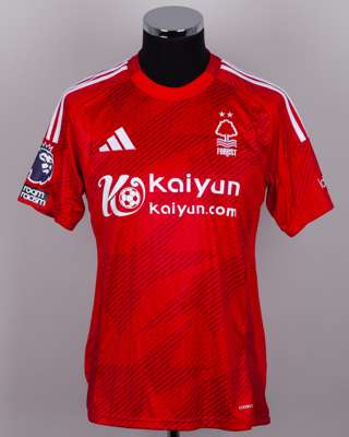 Alex Moreno red No.19 Nottingham Forest match issued short-sleeved shirt, 2025