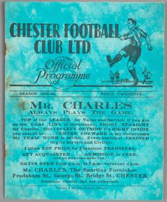 Chester v Barrow programme 30th September 1933,  

F.L. Division Three North fixture, covers with colour run