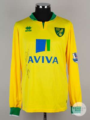 Robert Snodgrass yellow and green No.7 Norwich City long-sleeved shirt, 2012-13.