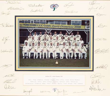 Autographed colour photograph of the Yorkshire CCC 2001 County Champions team.
 formal team-group with trophy cup, the mount bearing 28 signatures in 