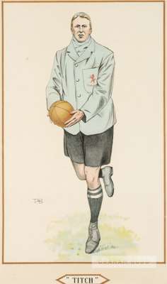 "Titch" Trinity Hall, Cambridge University rugby player, circa 1903,
 lithograph of a rugby player wearing the Cambridge blue's holding a rugby ball, 
