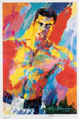 Leroy Neiman portrait of Muhammad Ali colour reproduction
 the mount autographed by Muhammad Ali and artist Leroy Neiman, authenticated by Online Auth