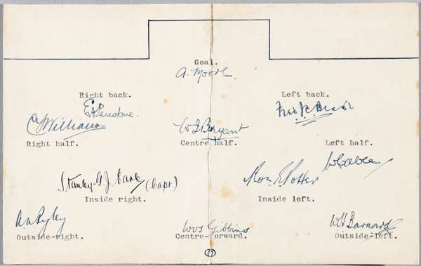 CLAPTON F.C 1923-24 FA AMATEUR CUP WINNERS RARE INK AUTOGRAPHS INCLUDING THREE ENGLAND PLAYERS  

RARE ORIGINAL AUTOGRAPHED FOLDOVER CARD SIZE 8 ½ BY 