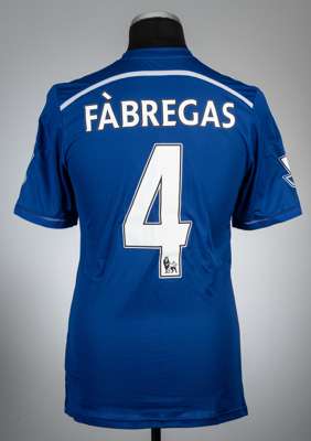Cesc Fabregas blue Chelsea no.4 home jersey, season 2014-15,
 Adidas, player issued short-sleeved with BARCLAYS PREMIER LEAGUE sleeve badges, club cre