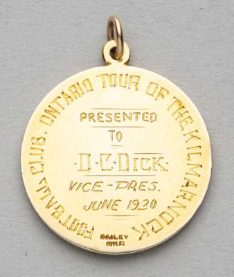 Ontario Football Association medal awarded to Kilmarnock Vice President D.C. Dick for the Canadian tour in June 1930,
 obverse with ONTARIO FOOTBALL A
