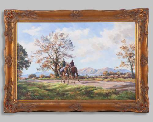 Diana Howorth (British, born 1946) oil painting racehorses exercising near the Malvern Hills