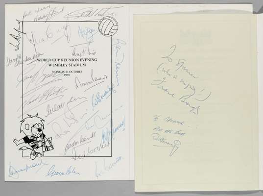 World Cup 1966 Silver Jubilee celebration menu & brochure for the 'World Cup Reunion Evening at Wembley Stadium' on 21st October 1991, 
 the menu sign