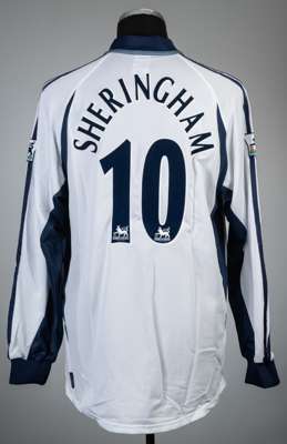 Teddy Sheringham signed white Tottenham Hotspur no.10 home jersey, season 2001-02,
 Adidas, long-sleeved with THE FA PREMIER LEAGUE sleeve badges, clu
