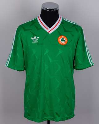 Terry Phelan green No.14 Republic of Ireland v. Poland match worn short-sleeved shirt, 1991