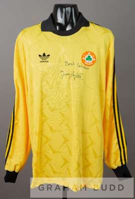 Gerry Peyton signed yellow Republic of Ireland no.16 substitute's goalkeeper's jersey, circa 1991,
 by Adidas, long-sleeved with padded elbows, embroi