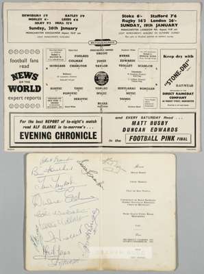 Signed Midland Hotel Manchester dinner menu card from the Manchester United v Red Star Belgrade European Cup tie First Leg 14th January 1958,
 signed 
