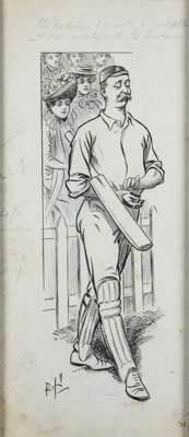 Original pen and ink drawing of a Cricketer, circa 1930s,
 depicting a cricketer with bat and crowd in the background, caption in pencil to upper marg