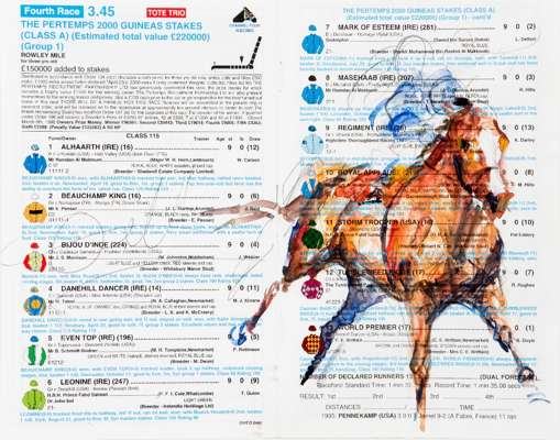 A trio of artist illustrated Newmarket racecards for the 1996 1,000 and 2,000 Guineas and Pretty Polly Stakes, by Newmarket artist Jacqui Jones featur