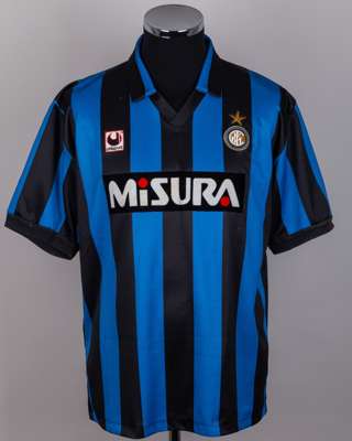 Lothar Matthaus autographed blue and black No.10 Inter Milan short-sleeved shirt, 1990-91