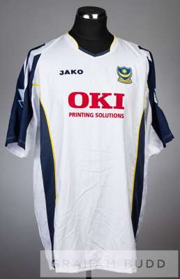 Andrew O'Brien white and navy Portsmouth no.5 third choice jersey, season 2005-06,
 short-sleeved with BARCLAYS PREMIERSHIP sleeve badges, club crest 