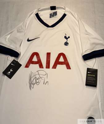 Tottenham Hotspur: Heung-Min Son signed Tottenham FC home shirt,
 signed on front with black sharpie, huge autograph and no.7 written boldly. Size Med