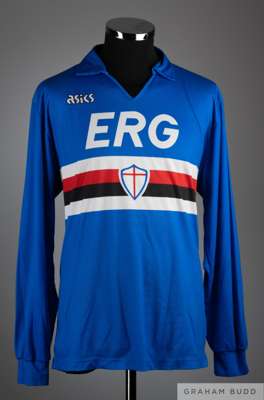 Gianluca Vialli blue, white red and black No.9 Sampdoria v Legia Warsaw Cup Winners Cup long-sleeved shirt, 1991, 
 Asics, with v-neck collar with COA