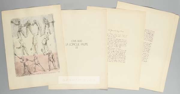 A French print by Milivoy Uzelac (1897-1977) titled 'Louis Dedet, La Longue Paume, 22',
 hand coloured in the French tricolor, from Les Joies du Sport