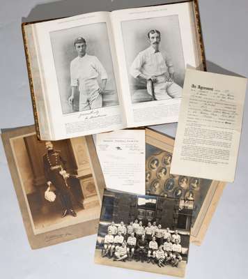 Large hard backed volume Famous Footballers & Famous Cricketers & Cricket Grounds 1895 and other memorabilia,
 some other sports included; sold with l