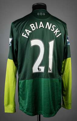 Lukasz Fabianski green Arsenal no.21 goalkeeping jersey, season 2012-13,
 match issue, Nike, long-sleeved with BARCLAYS PREMIER LEAGUE sleeve badge, c