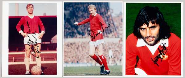 Manchester United 'The Holy Trinity' signed photographs of George Best, Denis Law and Bobby Charlton